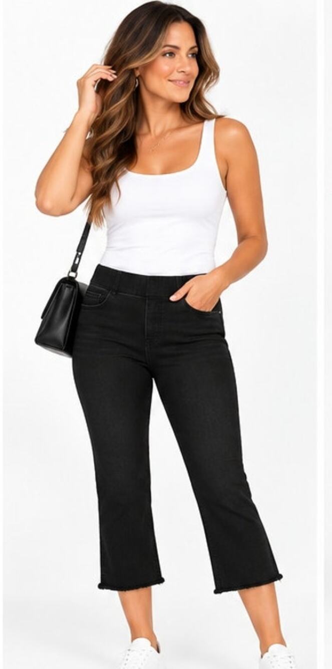 Belle by Kim Gravel Women Size 4 Black Denim Capri Jeans Stretch Raw Hem Cropped